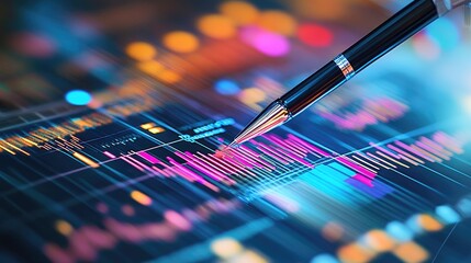 A close-up view of financial data analysis with a pen on a colorful digital graph showcasing trends and statistics.