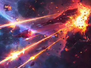 Wall Mural - intense sci-fi space battle with vibrant laser beams and fiery explosions lighting up the scene.