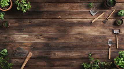 Sticker - Rustic wooden background with gardening tools and plants.