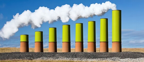 The image shows colorful smokestacks emitting clouds, symbolizing industrial output and environmental impact.