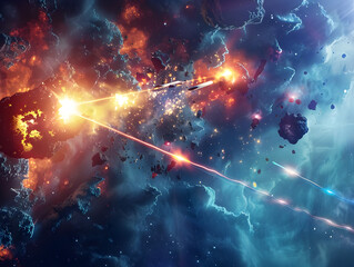 Wall Mural - intense space battle with laser beams, explosions, and futuristic spacecraft in a galaxy far away.