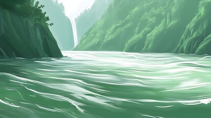 Wall Mural - Abstract Green Waterfall Landscape with Water Ripples