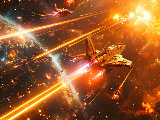 Intense futuristic battle in space, with colorful laser beams and dramatic explosions. High stakes conflict.