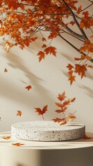 Create a fall-themed minimal podium background for branding and product presentation, featuring a 3D-rendered design with autumnal colors and textures to highlight the product in a cozy