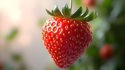Poster - Closeup of freshly picked,ripe,juicy red strawberry fruit with green leaves against blurred natural garden or farm background. Nutritious,healthy,organic,and appetizing summer produce.