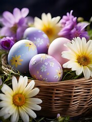 pastel-colored Easter eggs in a wicker basket, surrounded by delicate spring flower