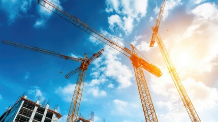 A dynamic construction site featuring towering cranes against a bright blue sky, symbolizing growth and development in architecture.