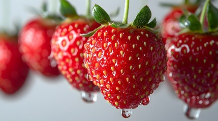Poster - Closeup of vibrant,fresh,ripe red strawberries with water droplets on the surface and green leaves. The strawberries have a textured,shiny,juicy appearance,showcasing their natural,organic.