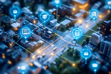 Poster - A cityscape with a lot of technology and a lot of buildings. The buildings are connected to each other and to the ground by a network of wires. The lights on the buildings