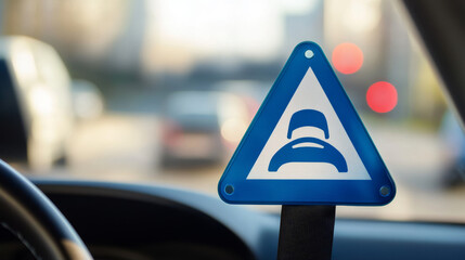 A blue sign reminds you to buckle up in the passenger seat for a safe drive.