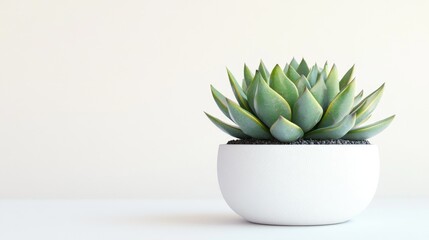 Vibrant succulent with lush stems in a white ceramic pot. Against a white backdrop, this minimalist plant setup is perfect for modern interior decor concepts