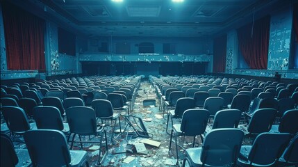 Aufkleber - Empty school theater room filled with chairs thrown around on the ground.