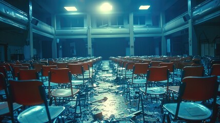 Aufkleber - Empty school theater room filled with chairs thrown around on the ground.