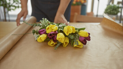 A florist wrapping fresh colorful tulips on a craft paper in a flower shop, depicting an unrecognizable woman's hands at work.