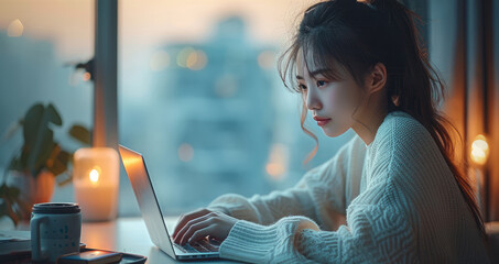Poster - A Chinese young girl in a modern minimalist room, sitting at a desk with a sleek laptop.