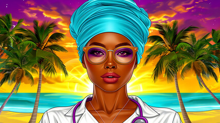 Wall Mural - A woman wearing a blue scarf and glasses stands in front of a beach with palm trees. The image has a tropical vibe and the woman is a doctor