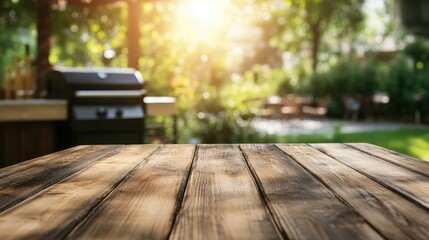 Wooden table surface ready for serving, with a blurred BBQ grill and patio in the distance. Perfect for highlighting outdoor cooking experiences.