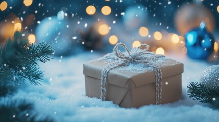 Wrapped Christmas gift on snow, with twinkling blue bokeh lights in the background. Fir branches and ornaments create a festive, wintery atmosphere as snow falls softly.