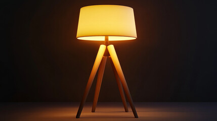 A realistic 3D icon of a modern table lamp. The lamp has wooden legs and a bright light that shines in the dark.