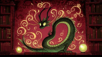 Poster - Green Dragon with Magic Swirls in a Library