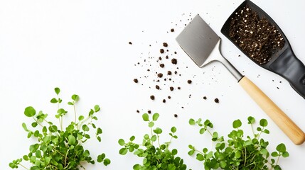 Sticker - Top view of a garden trowel with a wooden handle and green plants on a white surface.