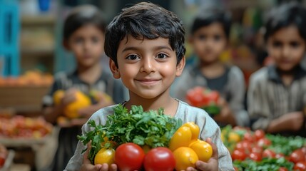 Canvas Print - Young Boy Holding Fresh Produce