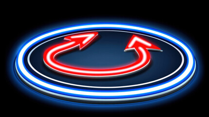 glowing circular sign with two red arrows indicating loop or cycle, surrounded by blue neon light, creates vibrant and dynamic visual effect