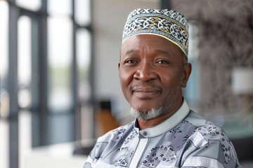 Poster - Portrait of successful senior Hausa businessman consultant looking at camera and smiling inside modern office building , background blur