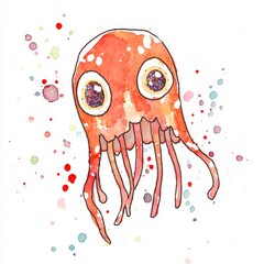 Sticker - Watercolor Illustration of a Cute Cartoon Jellyfish with Big Eyes