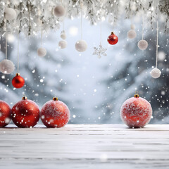 Red Christmas balls hanging and standing on white wooden board ground covered with snow with abstract spruce trees and snowfall in the background.