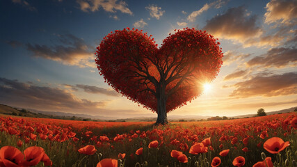 A sunset with a heart-shaped tree made of red flowers in a poppy field under a cloudy sky.