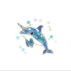 Poster - Cute Cartoon Dolphin with Unicorn Horn Watercolor Illustration