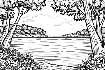 Wall Mural - Coloring book illustration of a serene lake surrounded by trees with lush foliage along the shoreline