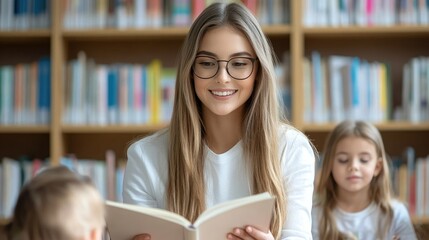 A smiling woman in glasses reads a book to children in a cozy library, fostering a love for literature and learning.