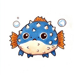 Poster - Cute Cartoon Pufferfish with Bubbles