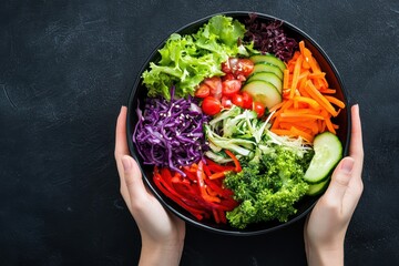 A vibrant salad bowl filled with fresh greens, colorful vegetables, and healthy toppings, held by two hands against a dark background.