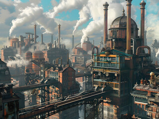 Fantasy cityscape with Victorian-era inspired architecture, gears, and steam-powered machinery against a cloudy sky.