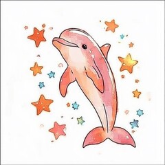 Sticker - Cute Pink Dolphin with Stars Watercolor Illustration