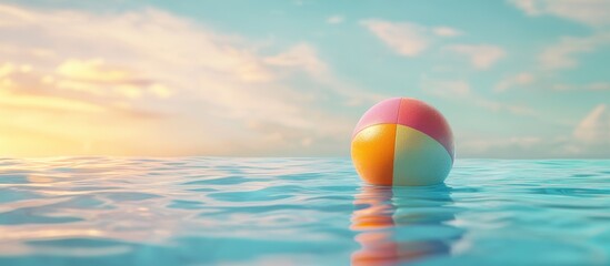 Wall Mural - Vibrant Beach Ball Floating on Calm Ocean Water at Sunset with Soft Clouds in the Sky