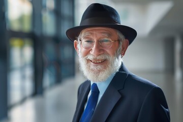 Canvas Print - Portrait of successful senior Jewish businessman consultant looking at camera and smiling inside modern office building , background blur