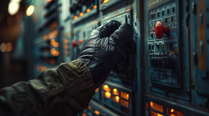 Poster - Military suspense, gloved hand in military sleeve, extreme close up, control panel with red buttons.
