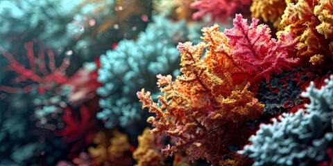 A colorful coral reef with a variety of different colored plants