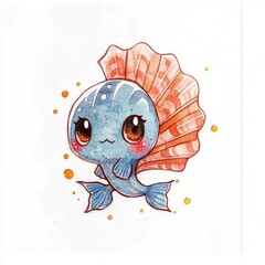 Poster - Cute Cartoon Fish with Big Eyes and Fin Watercolor Illustration