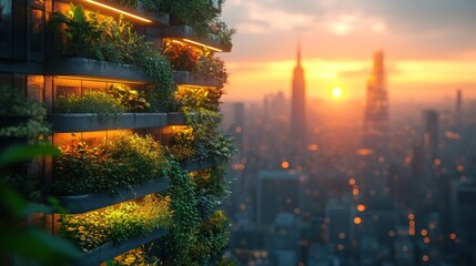 Canvas Print - Urban Oasis:  A Greenery-Covered Building at Sunset