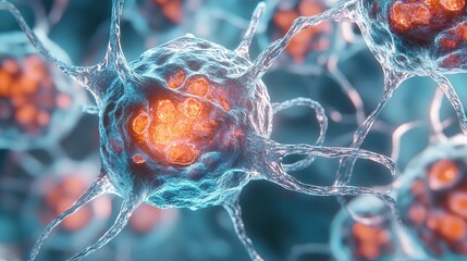Wall Mural - close-up of neural cells with glowing synapses in a futuristic scientific visualization