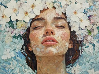 Wall Mural - Woman with Floral Crown - Close-up Portrait Painting