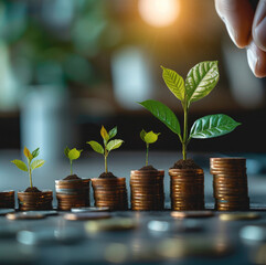 Poster - A chart showing compound interest at work, Display exponential growth with reinvested earnings year after year. tree plant on a pile of coins.