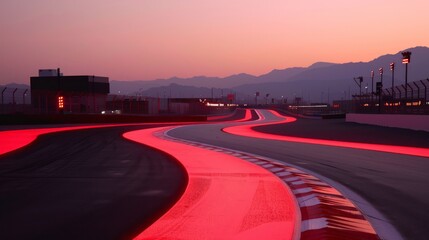 Wall Mural - desert view editorial photo of a vast, undulating formula one track with subtle variations in color and texture, with a sun rising in a background 