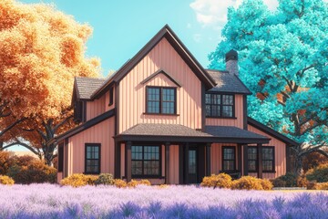 Farmhouse-style home with vertical peach paneling, dark brown trim, nestled in a field of light lavender grass and surrounded by vibrant turquoise trees, evoking a playful yet elegant vibe