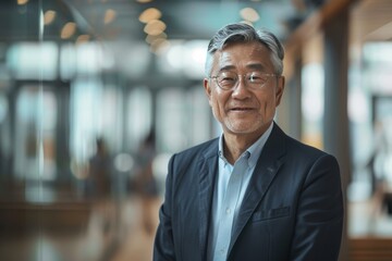 Canvas Print - Portrait of successful senior Korean businessman consultant looking at camera and smiling inside modern office building , background blur